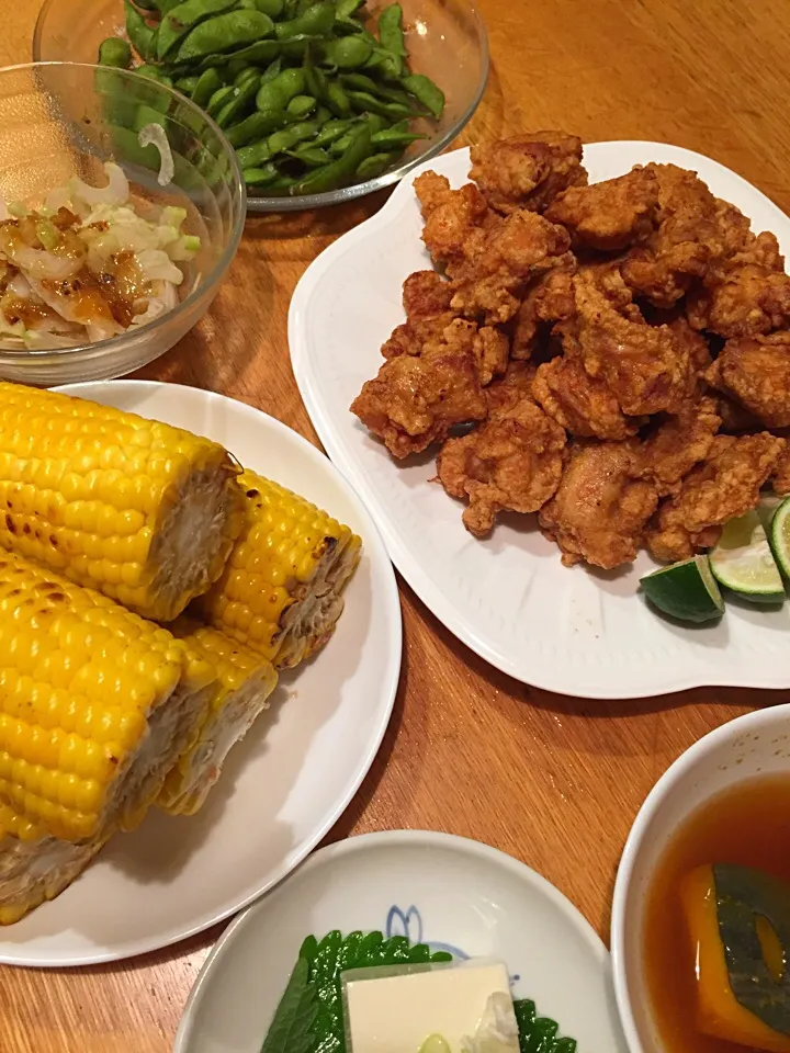 焼きとうもろこし
カボチャの煮付け
だだ茶豆
セロリのマリネ
冷や奴
鳥から揚げスダチ添え|レナコさん