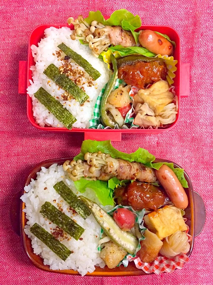 お弁当@肉詰めピーマン、オクラと魚介のポン酢炒め、エノキの豚バラ巻、糸こんと厚揚げの炊いたん。|J K Tさん