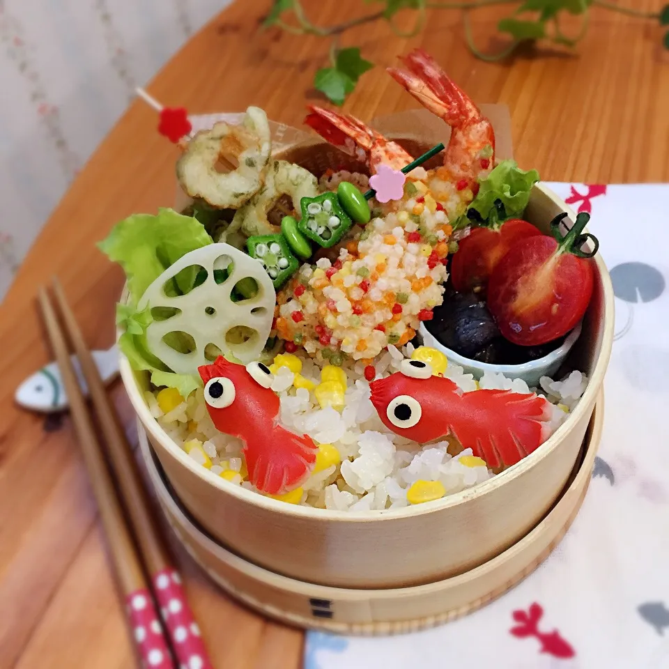 soraさんの料理 🌽とうもろこしご飯 で、ゆっぴーのお弁当『金魚ちゃん』|kumiさん