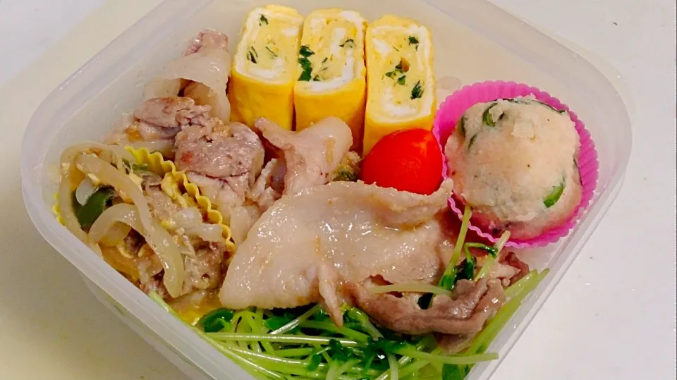 Snapdishの料理写真:豚肉のバターレモン生姜焼き、タラモサラダ、葱玉子焼き乗っけ弁当。|やよさん