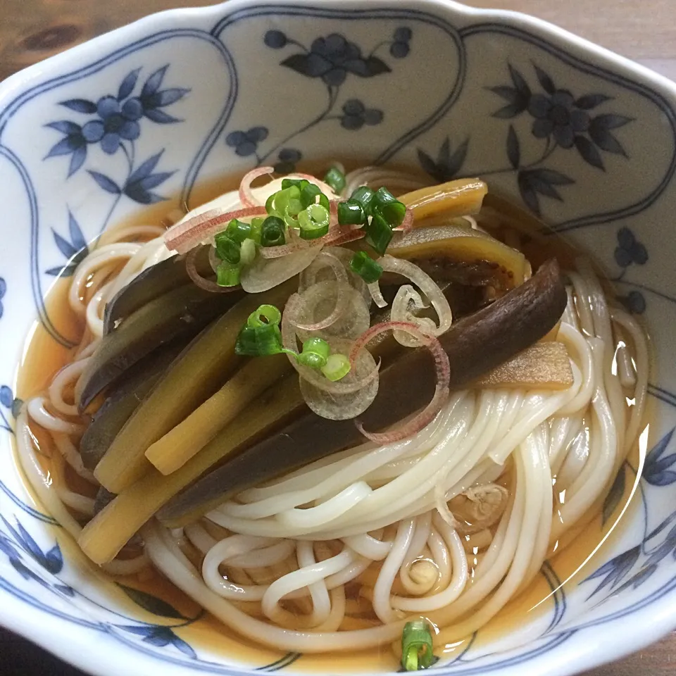 【お手軽お昼ごはーん】くったり茄子のあったか冷麦ʕ-̼͡-ʔ|七海さん