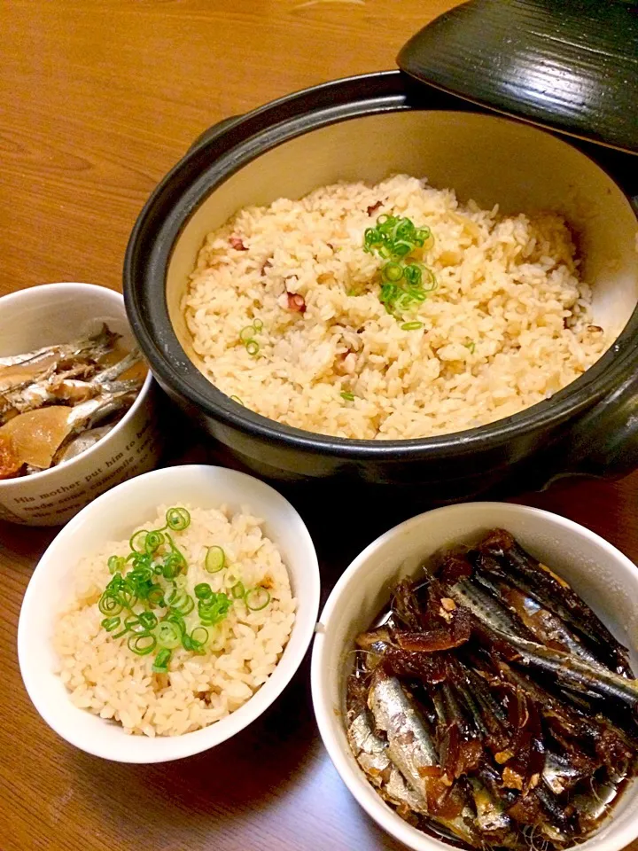 Snapdishの料理写真:晩御飯〜〜✩⃛たこ飯！いわしの佃煮といわしの炊いたん^_^|なっちゃんさん