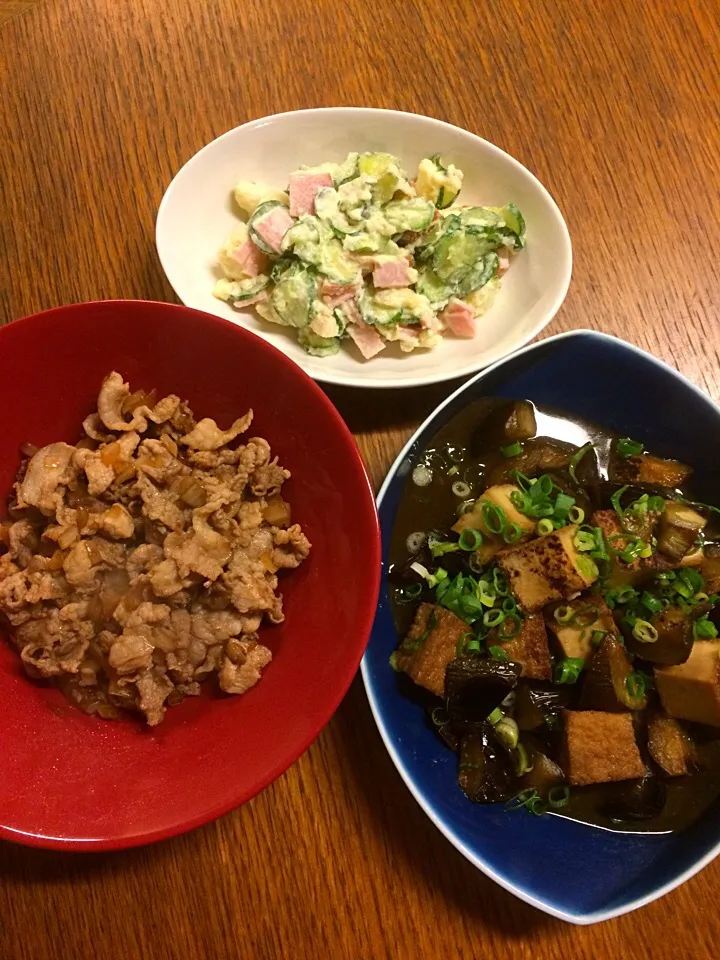 ★豚丼の上だけ★なすびと厚揚げの炒め煮★ポテトサラダ|三宅 里美さん