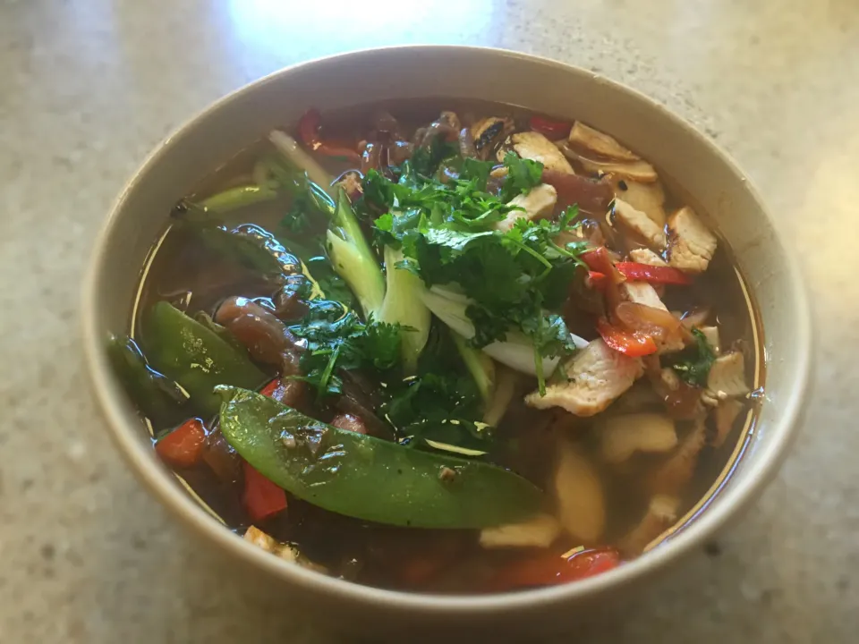 Chicken with sautéed mix vegetable and udon noodle soup|Jenny Voさん