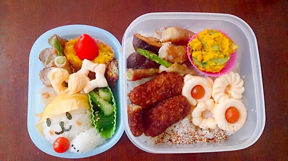 年中娘と夫のお弁当。久し振りのｶﾜｲｲ系😚お帽子かぶってるんだか何か巻いてるんだか、決まり切れないクマらしき主人公と、カボチャサラダと豚肉巻きアスパラ、葱など。|やよさん