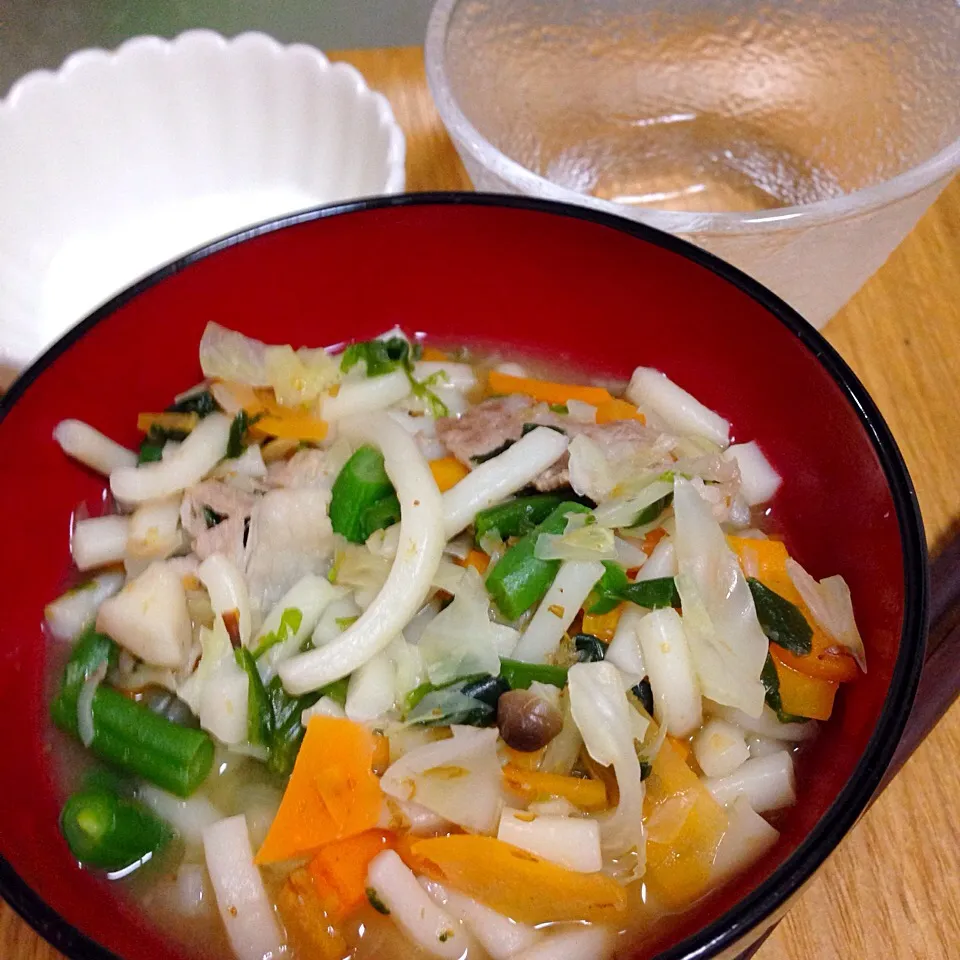 0904夕 味噌煮込みうどん、ヨーグルト|かえるさん