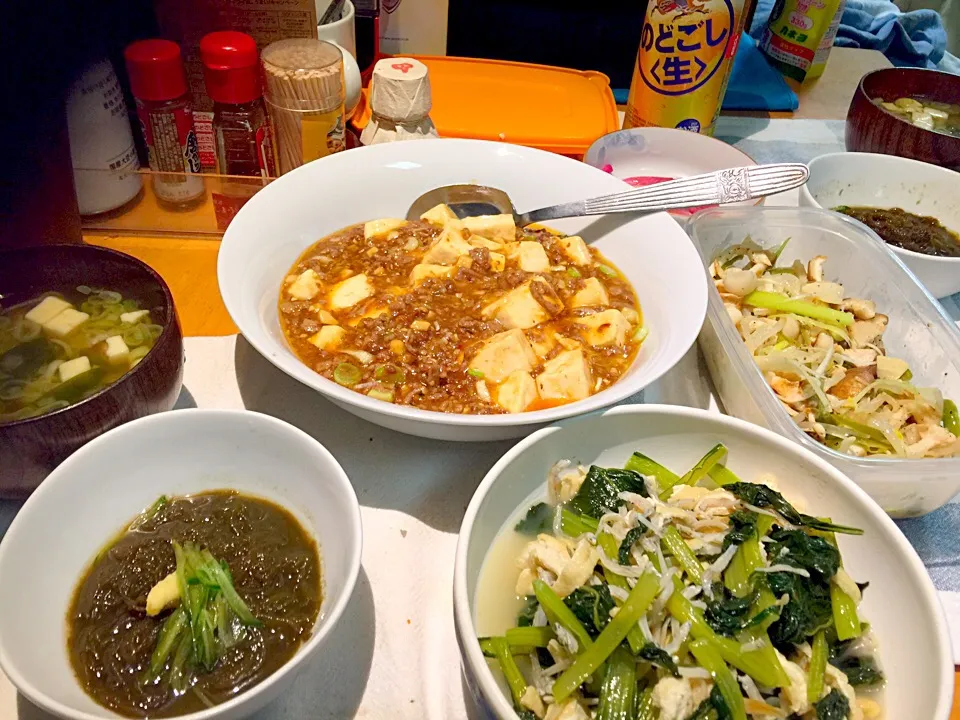 麻婆豆腐、沖縄モズク、小松菜とジャコと揚げの煮物、モヤシとキノコのナムル|ゆんたくさん