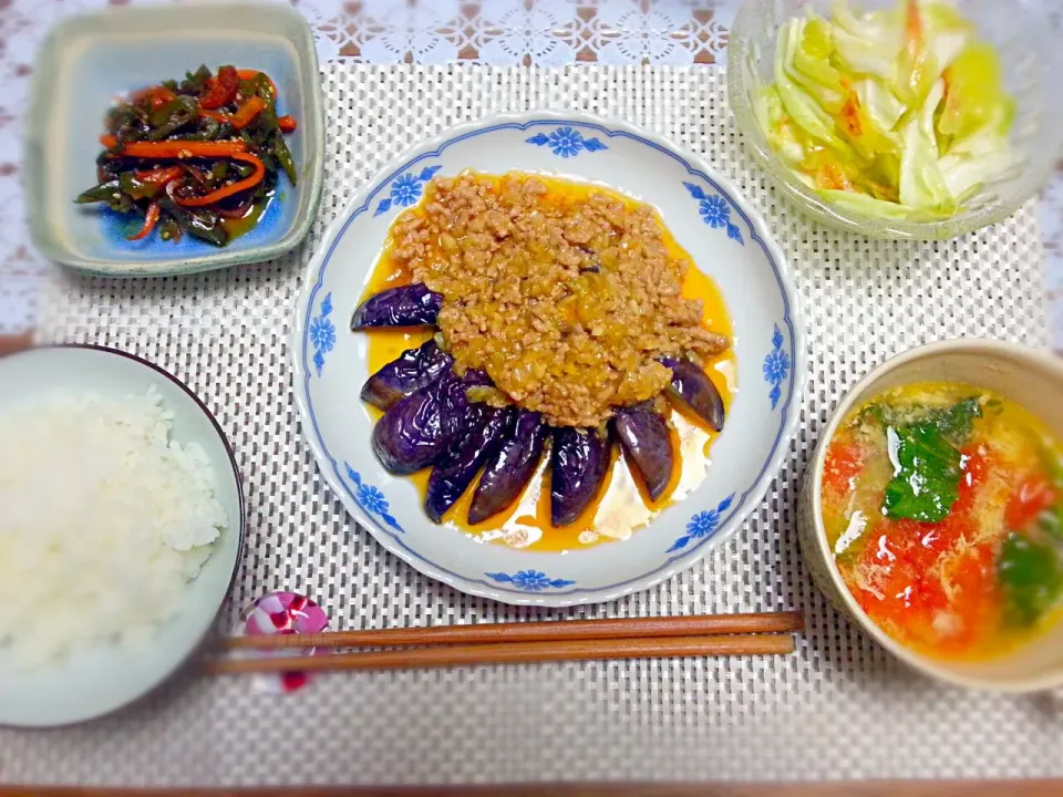 麻婆なす・キャベツの桜えび和え・ピーマンとにんじんのきんぴら・スープ|なべちゃんさん