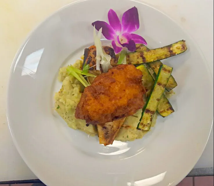 swordfish over wasabi mashed,with a seared scallop,tempura lobster tail and baby zucchini|chef Charlesさん