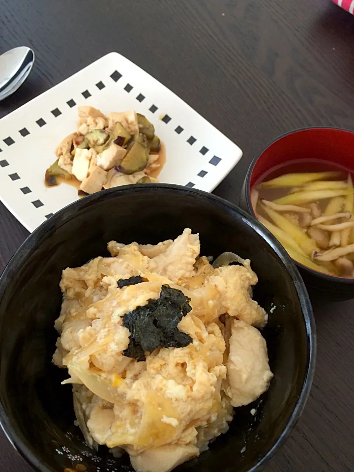 ランチ
親子丼•ナスと豆腐のオイスターソース炒め•アスパラとしめじの味噌汁|paophooさん