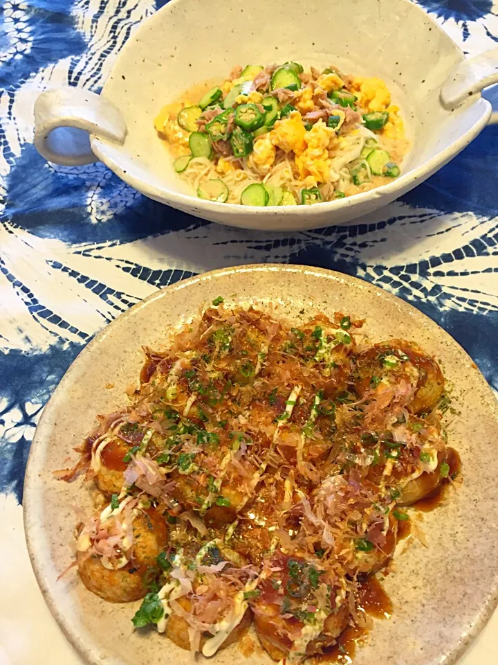 Snapdishの料理写真:たこ焼きと今期最後のサラダ素麺(*´﹃｀*)|さくたえさん