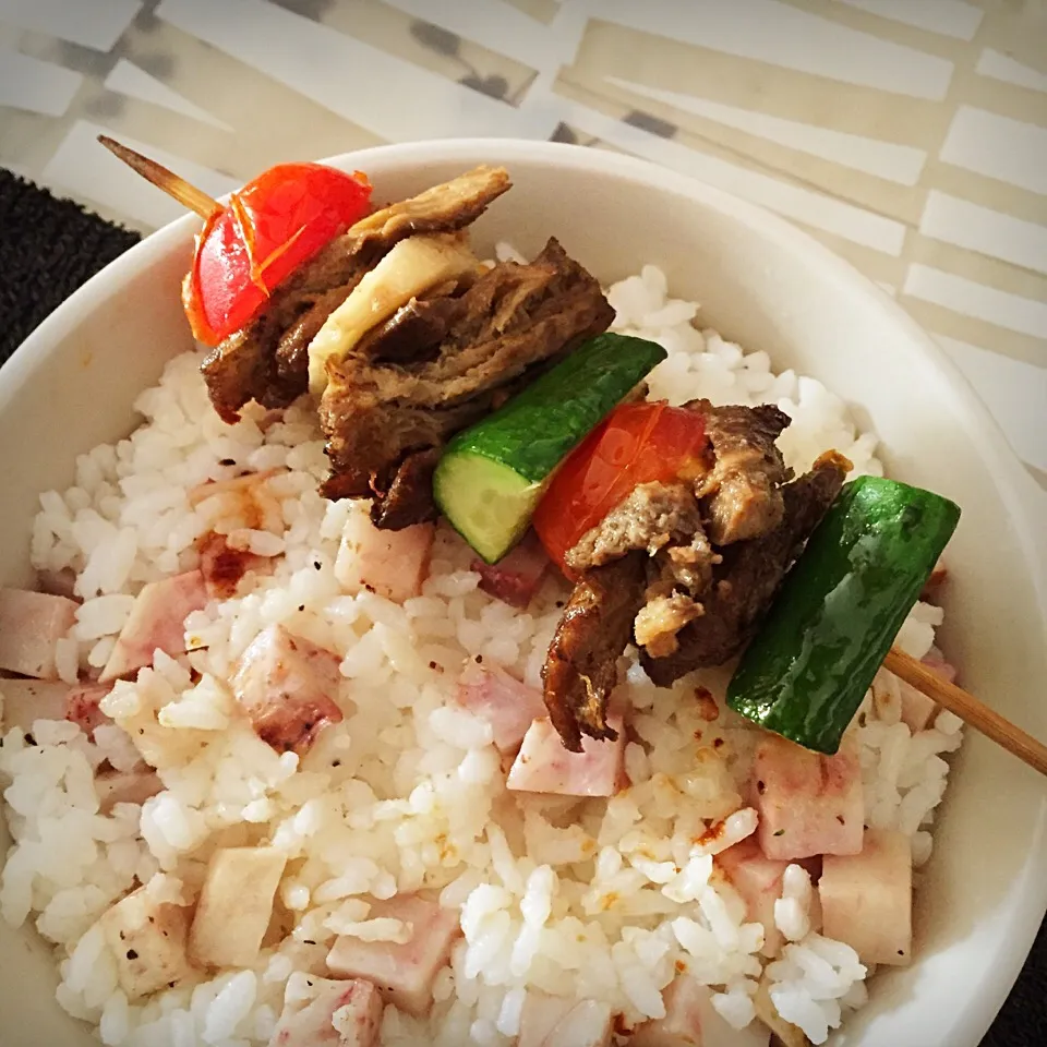 Vege Mutton Skewer with Taro(Yam) Rice|Indulgeさん