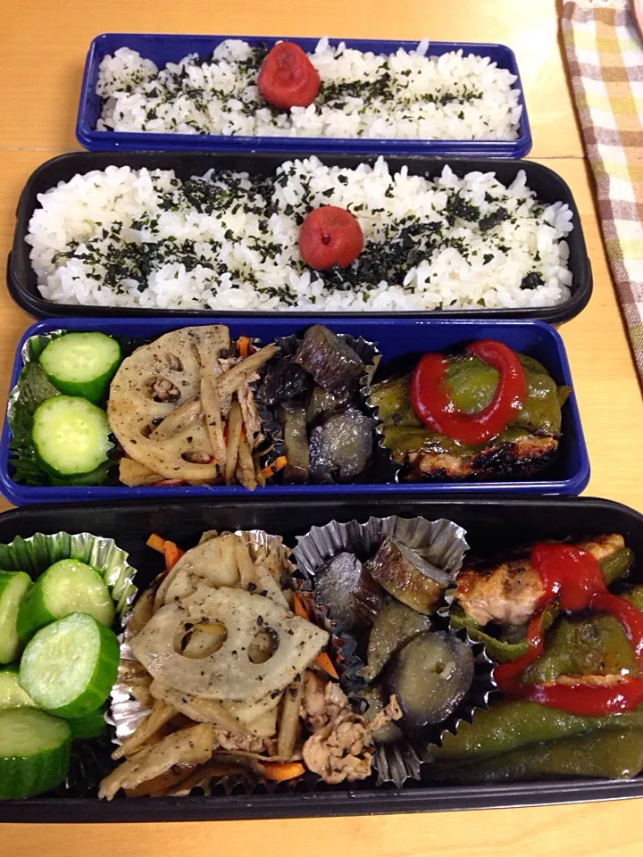 ピーマン肉詰め れんこん ごぼう にんじんのきんぴら 茄子煮 きゅうり浅漬け弁当 雨はやだね〜。|Kumiko Kimuraさん