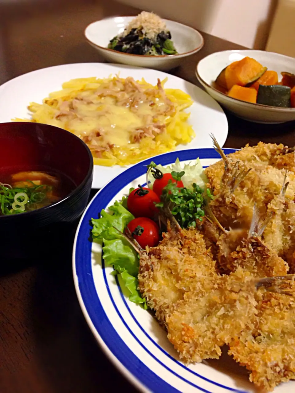 今日の晩御飯 いわしフライ・じゃがいものお焼き・金時草とオクラの和え物・かぼちゃの煮物|Saemi Itouさん