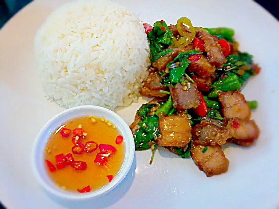 Snapdishの料理写真:Crispy Pork sauteed in Basil Leaves and Chilly Paste w/ Jasmine rice Platter|🌼 Pooja's Kitchenette 🌼さん