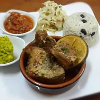 Snapdishの料理写真:Yucatan style Roast Pork with citrus and chili, Coconut rice and black beans (Gallo Pinto!) Cabbage and radish salad, Guacamole and roasted tomato and chipotle |sanさん