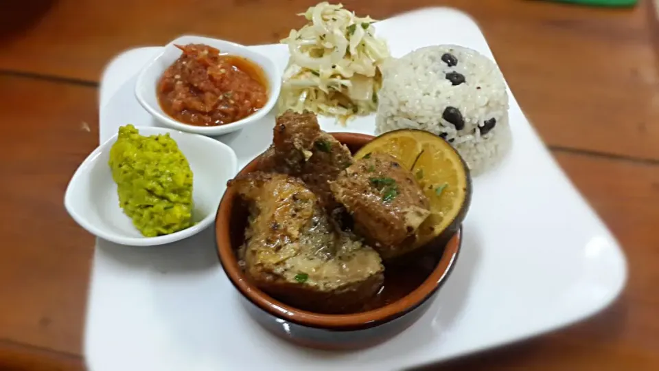 Snapdishの料理写真:Yucatan style Roast Pork with citrus and chili, Coconut rice and black beans (Gallo Pinto!) Cabbage and radish salad, Guacamole and roasted tomato and chipotle |sanさん