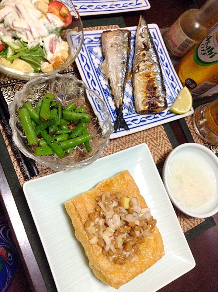 秋刀魚の塩焼き＆インゲンの胡麻和え＆水菜のサラダ＆栃尾の油揚げ|まぐろさん