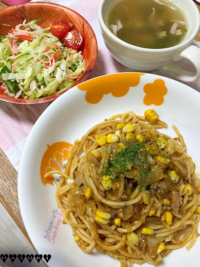 9/8(火)晩ごはん♡ツナとコーンのカレースパゲッティ  キャベツとかにかまのサラダ  小松菜とベーコンのコンソメスープ|⁑葉月⁑さん