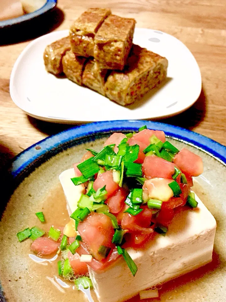 【晩ご飯】トマトと韮のすし酢マリネ掛け冷奴・金平牛蒡入り玉子焼き|エイコさん