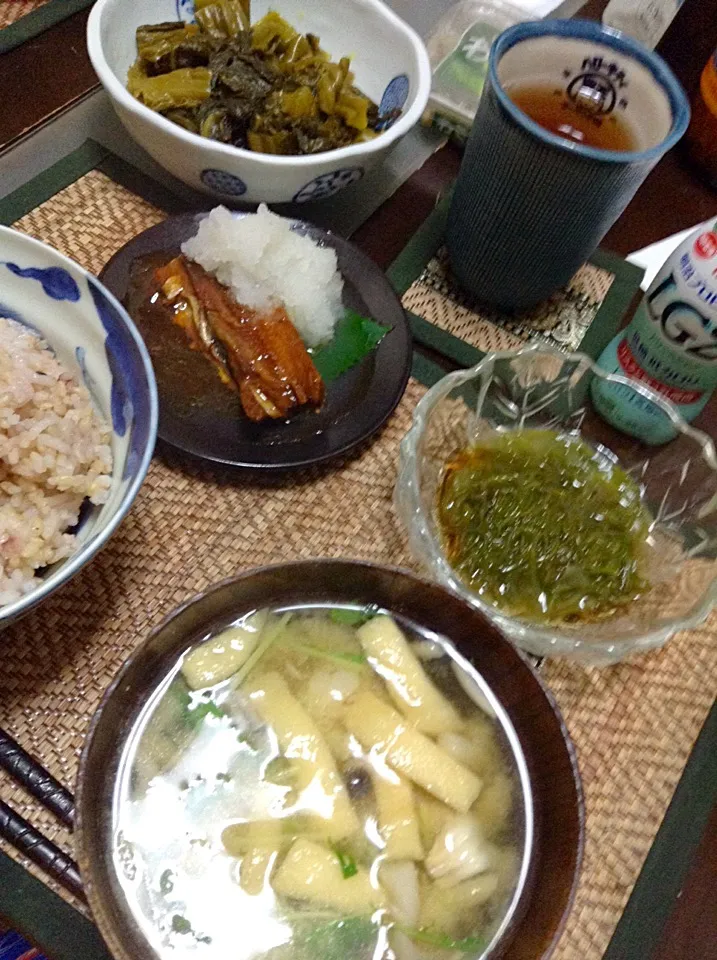 秋刀魚の蒲焼＆めかぶ＆水菜の味噌汁|まぐろさん