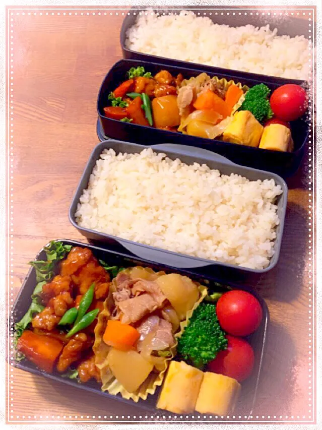 Snapdishの料理写真:今日はいつもより早い電車で行った息子たち〜がんばれ兄弟弁当＼(^o^)／|たかこママさん