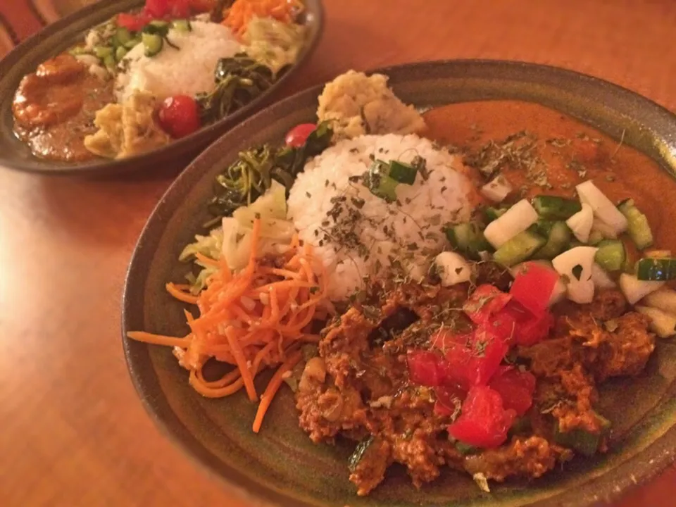 マトンと夏野菜のキーマカレー&エビココナッツカレー|あかつ亭さん