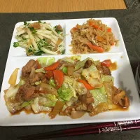 Snapdishの料理写真:鶏肉ニンニク炒め、搾菜大根、切り干し大根、お味噌汁。|Angie44さん