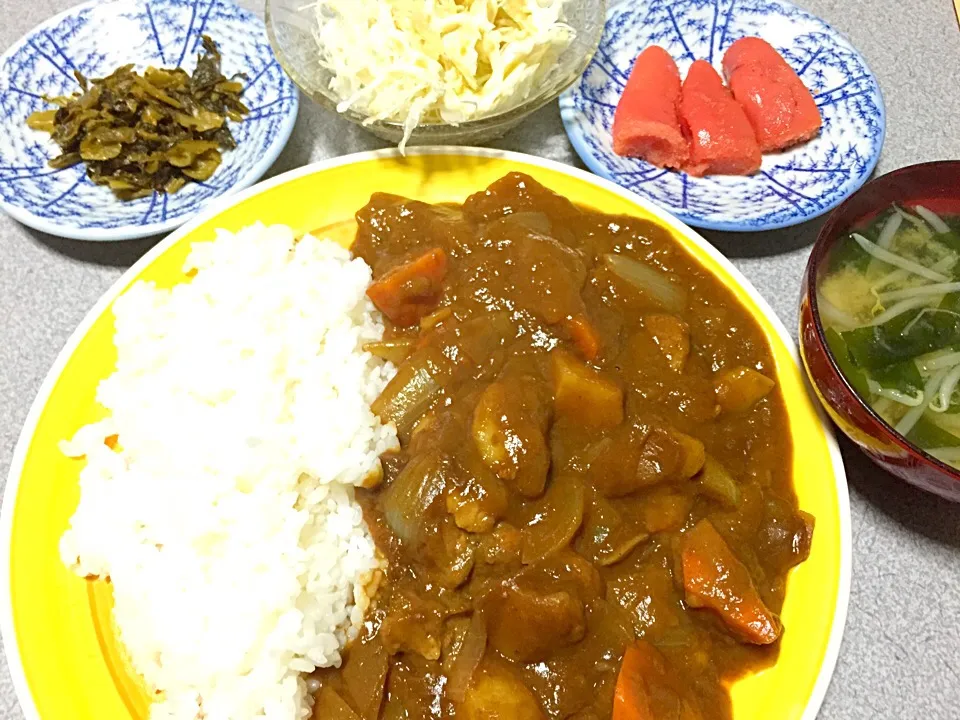 Snapdishの料理写真:カレー、もやしワカメ味噌汁、明太子、高菜、キャベツ|ms903さん