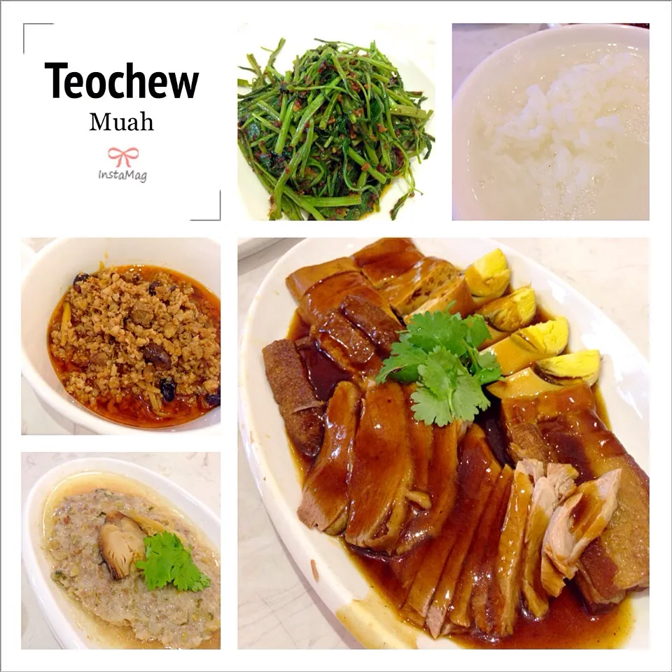 Teochew Porridge@ChaoZhou, Ruver Valley Rd. Belachan kangkong, braised duck platter, steamed pork with salted fish, minced pork with black beans|coxiella24さん