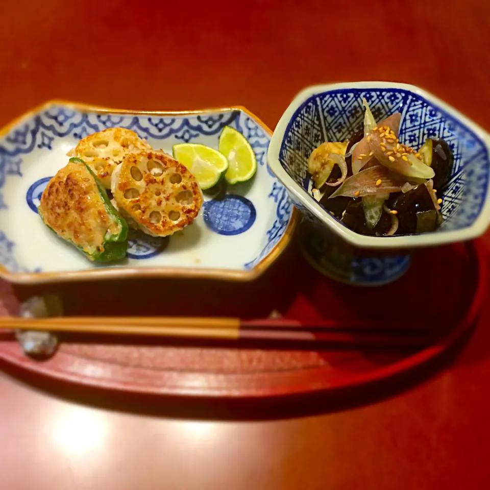 蓮根とピーマンの肉詰め
水茄子と茗荷の昆布茶あえ|かおり🐰さん