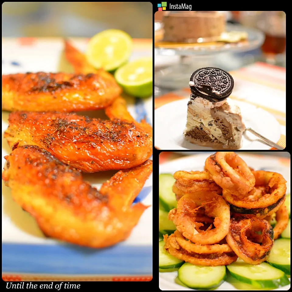 Snapdishの料理写真:レモンペッパーチキン、 フライドカラマリ、 オレオケーキ😍 Grilled Lemon pepper Chicken , Fried Calamari & Oreo Icecream Cake ❤️👍🏼🍻💝🎉|💖 ジジ 💖さん