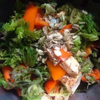 Salad with bell pepper, carrots, tofu, romaine, pumpkin and sunflower seeds, salt and pepper, balsamic|exningさん