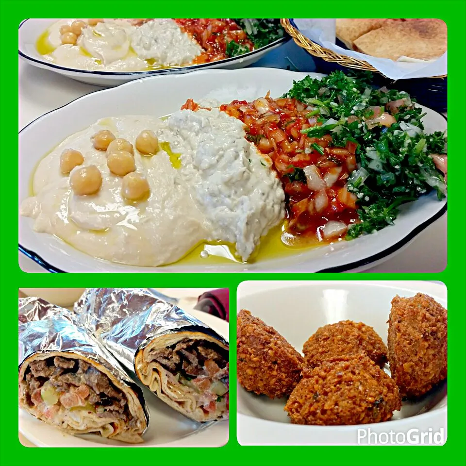 Tonight's dinner from Kaslik restaurant: veggies platter, beef Shawarma sandwiche and falafel.|Jihollandさん