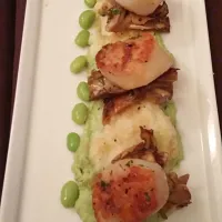 Snapdishの料理写真:Pan seared scallops with cauliflower mashed potatoes, edamame puree,maitake mushrooms with an orange ginger sauce #4thsemester #culinarystudent #cookingwithizzy|Isabelさん