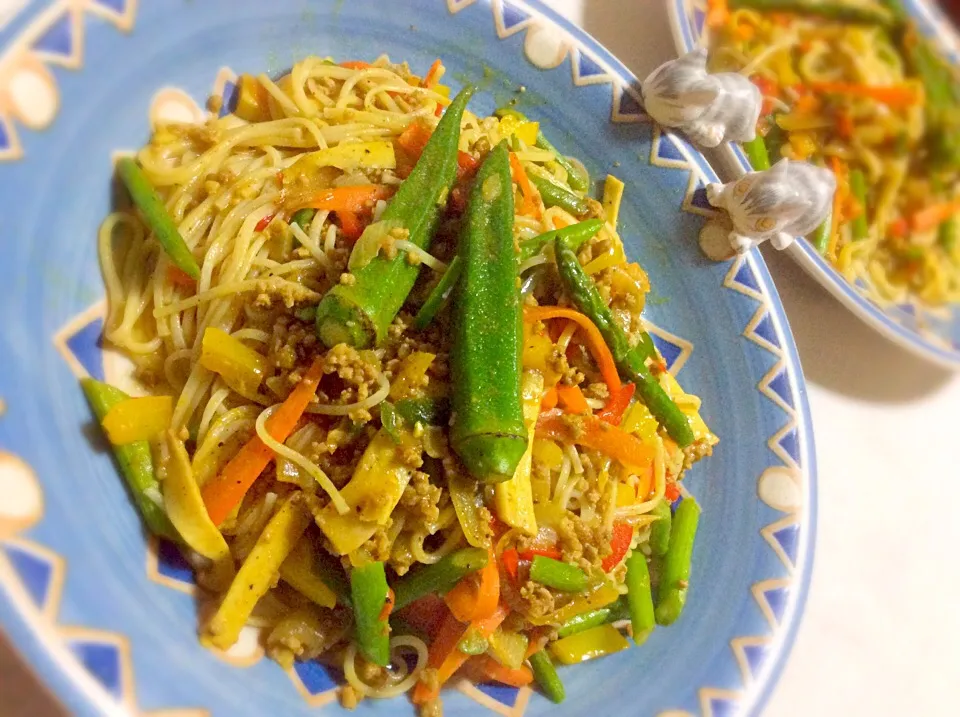 夏野菜 カレー風味のそうめんチャンプルー  麺は金ゴマ入りの揖保の糸|Takeshi  Nagakiさん