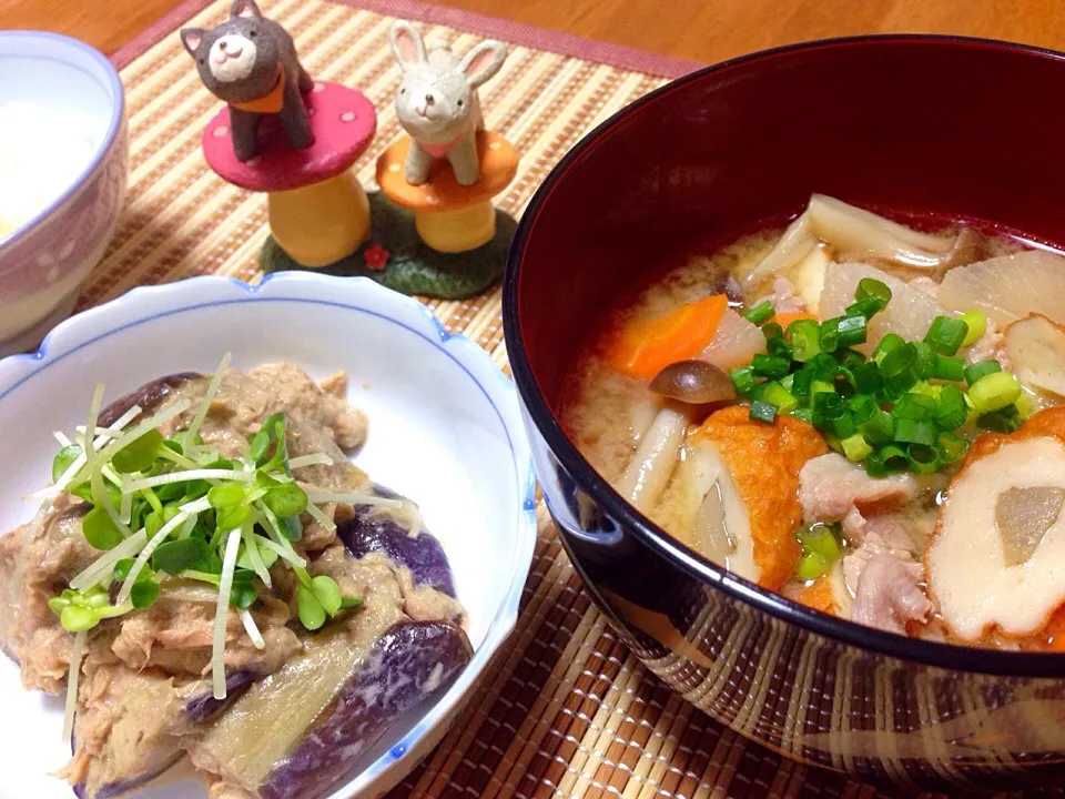 茄子の和風ツナマヨサラダとごぼう天の豚汁〜(o'ー'o)|きゃずさん