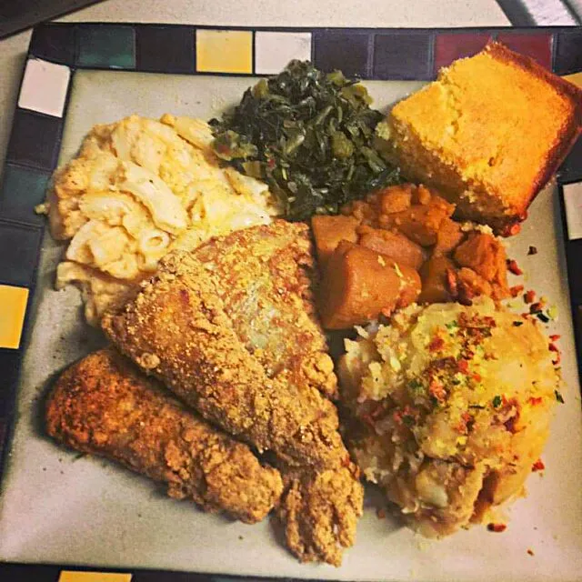 Snapdishの料理写真:My Sunday Supper Catfish #Seafood #Fish , Smothered Potatoes, Sweet Potatoes, Mustard Greens #Vegetable, Macaroni & Cheese #Pasta Cornbread #Bread #Side dish 😆 |Alisha GodsglamGirl Matthewsさん