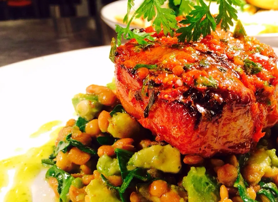 Red chili lamb chop with warm avocado lentil salad. Verbena vinaigrette|shaun spoonerさん