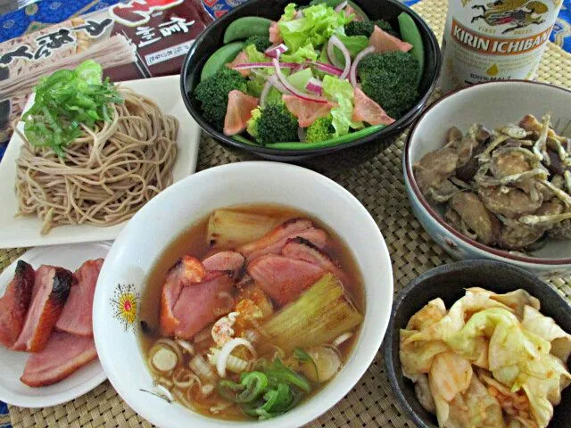 鴨チャーシュー!で鴨南蛮つけ蕎麦! 保存兼で🍱茄子のゴマ味噌じゃこ、自家製きゃべつキムチ、紅芋酢サラダなど|ふかرさん