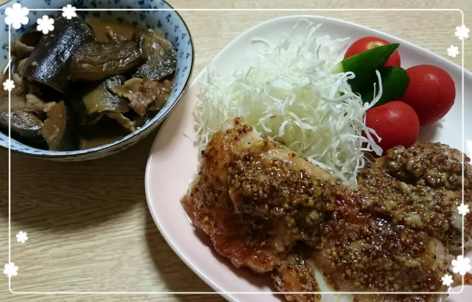 鶏もも肉のソテー　ハニーマスタード　と　なすの味噌煮|marikoさん