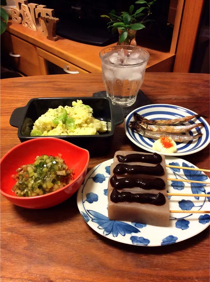 じゃがいもとそら豆のクリームチーズサラダ、焼きししゃも、こんにゃくの味噌田楽、山形のだしのせ納豆 2015.9.15|キラ姫さん