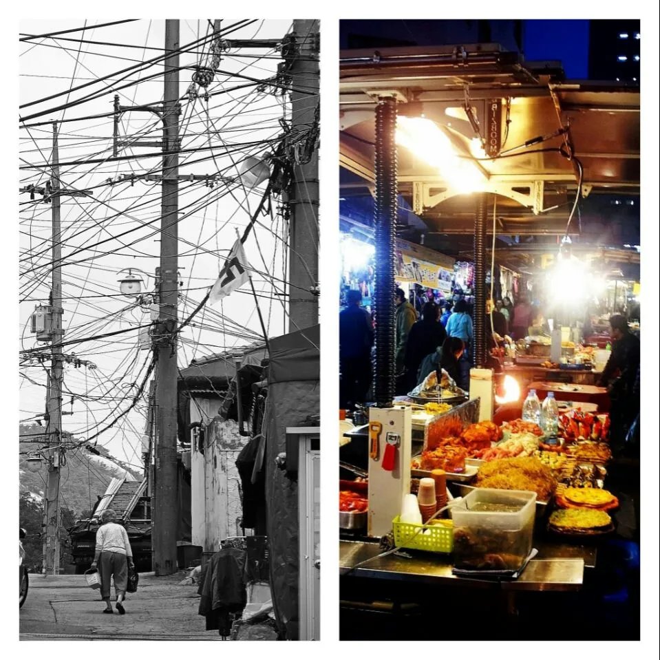 different kinds of clutter - the serenity of a "wired" hill top community, and the hustle and bustle of the famed Namdaemun night market.|steven z.y.さん