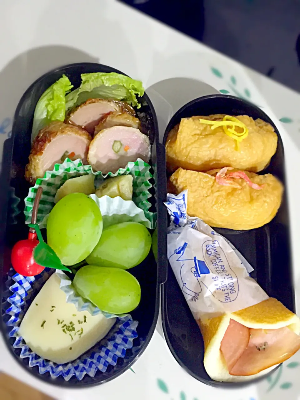 Snapdishの料理写真:子供お弁当🍱   野菜のチキンロール煮  卵豆腐  筍おかか煮  ぶどうロザリアブランコ  稲荷ずし金糸卵干し海老のせ  ハムロールパンケーキ|ch＊K*∀o(^^*)♪さん