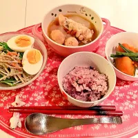 Snapdishの料理写真:冬瓜と鶏肉の薬膳風スープ☆サラダ☆カボチャの煮物☆雑穀米☆|まるこさん