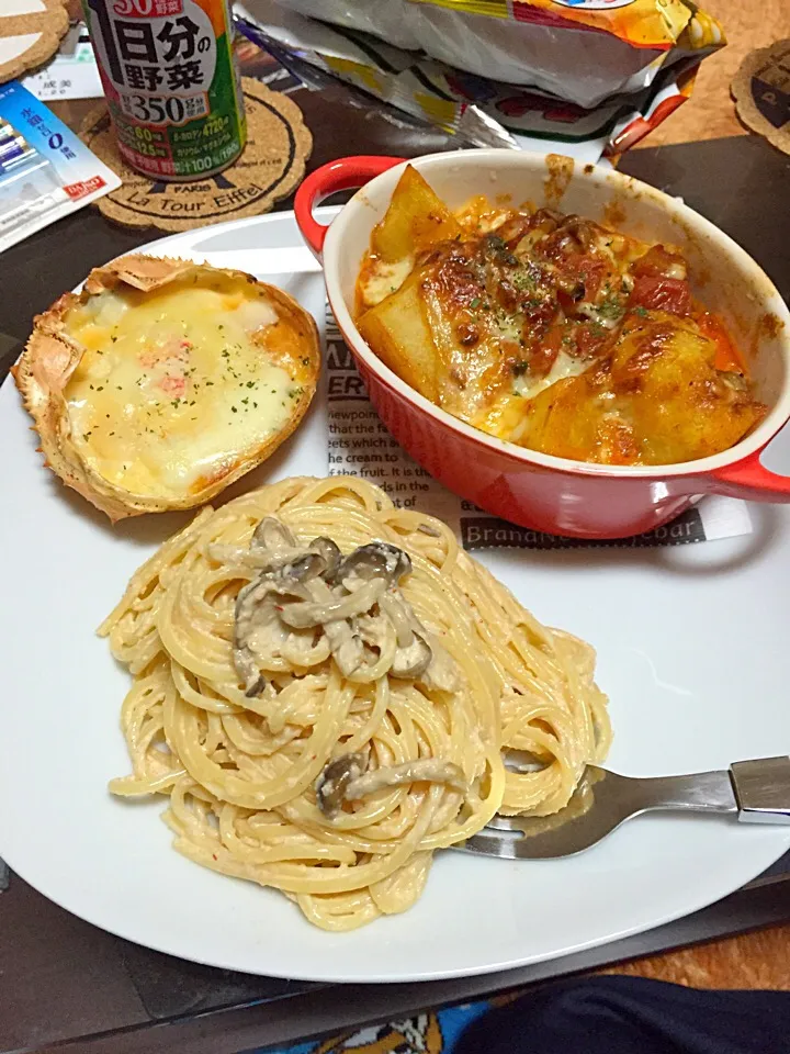 明太子クリームパスタとかにグラタンとトマト煮込みハンバーグ|なるみさん