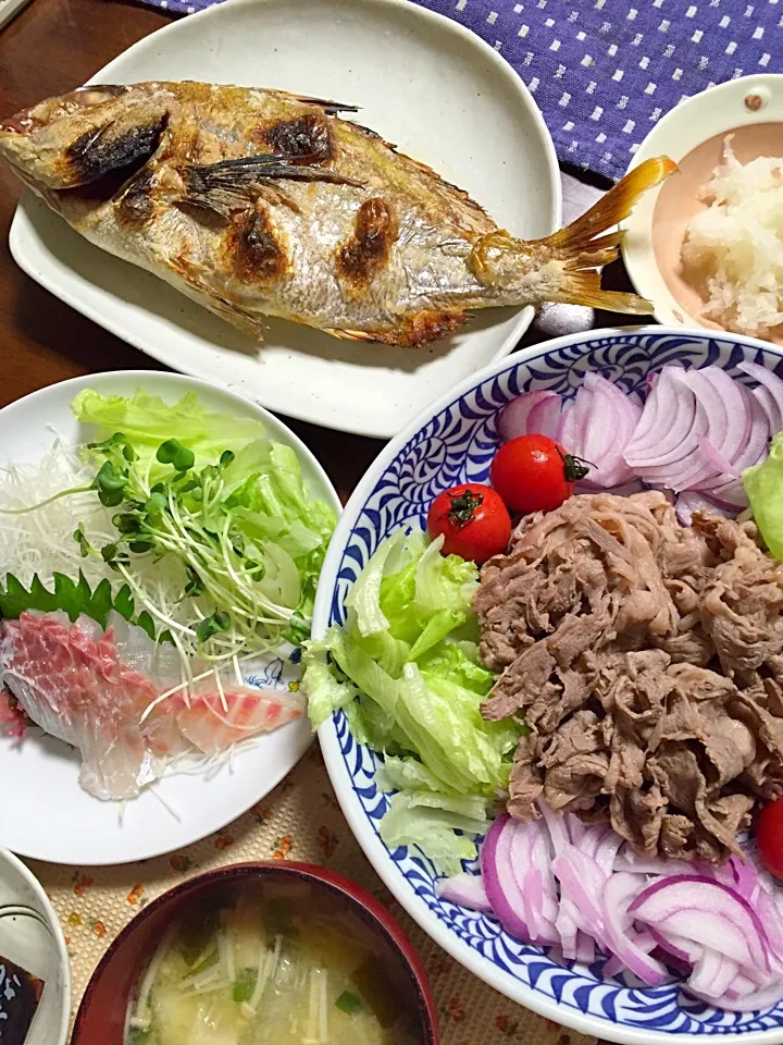 鯛の塩焼き 鯛のお刺身 牛しゃぶ 味噌汁|掛谷節子さん