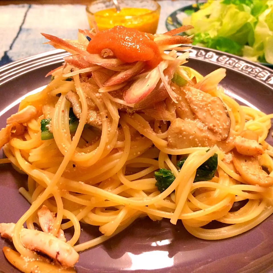 菌活レシピ☆塩辛の酵母菌でお肌ツヤツヤ☆塩辛と明太子のパスタ 野沢菜とミョウガのシャキシャキ感がアクセント|sucrerireさん