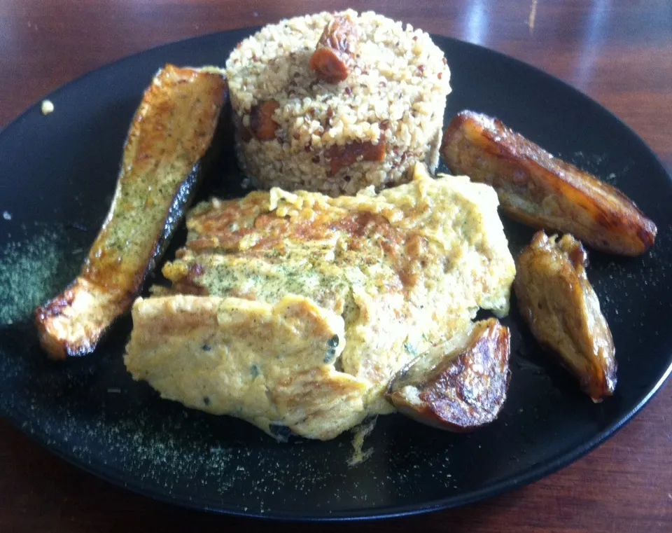 Omelette au Basilic, Duo de boulgour et Quinoa, Courgettes et Aubergines Confites.|PHILIPPEさん