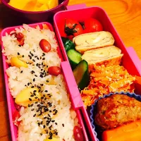 お弁当☆栗おこわ、ハンバーグ、人参とたらこのバター炒め、卵焼き、人参グラッセ|lisataroさん